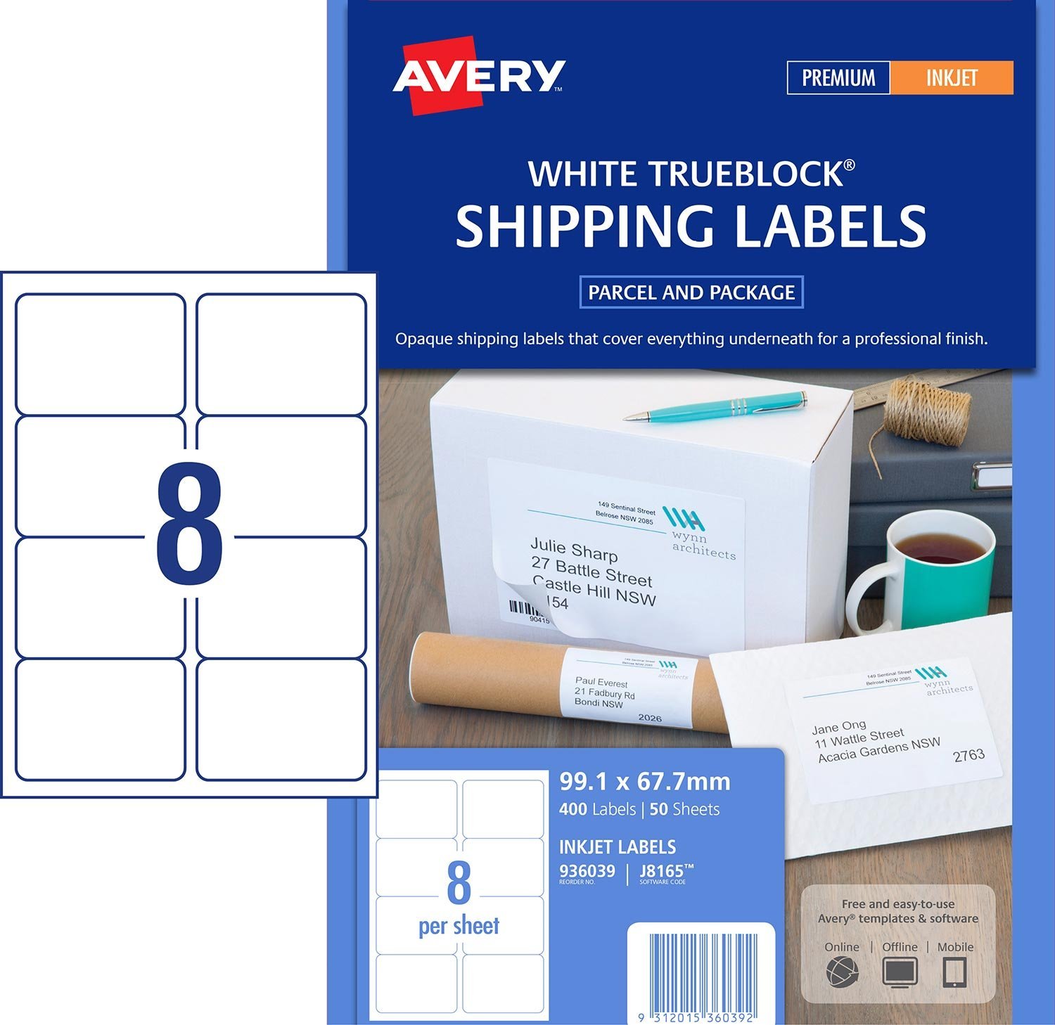 InkJet Labels . 8 per sheet J8165 White Permanent Avery 936039 box 50