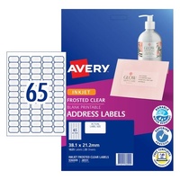 Labels 65up Inkjet Clear Box 25 Avery 936009 J8551 Frosted Clear Address Labels 38.1 x 21.2 mm, Inkjet, Permanent 25 sheets 1625 labels