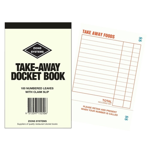 Restaurant Docket Book Zions Take Away 100 Numbered Dockets #Z-TA