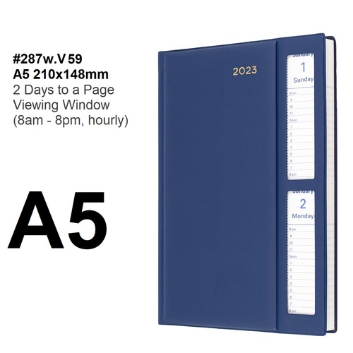 Diary 2025 Belmont 287W.V59-25 A5 Double window NAVY BLUE 2 Days to a Page with Tear off edge 8am-8pm 1 hour PVC Collins