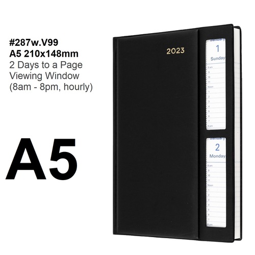 Diary 2025 Belmont 287W.V99-25 A5 Double Window BLACK 2 Days to a Page 8am-8pm 1 hour PVC Collins