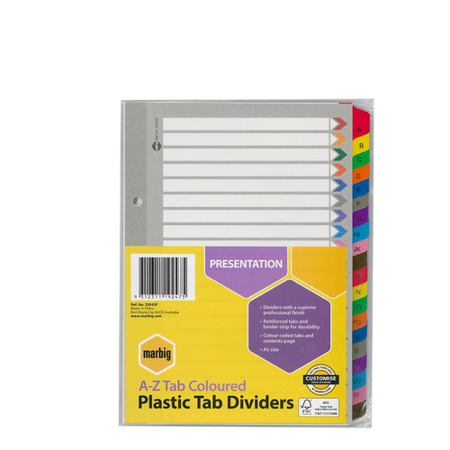 Divider A5 Marbig Reinforced Board A to Z Coloured 35043F