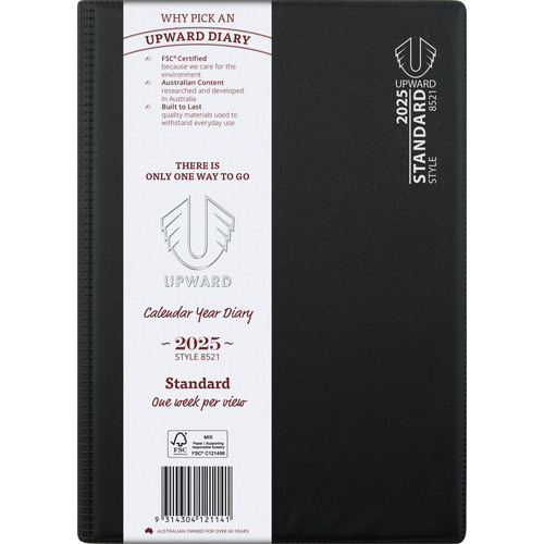 Diary 2025 Upward 8521 B5 Vertical Week Standard 7am - 7pm 30min 250x179mm Sewn Spine PVC cover