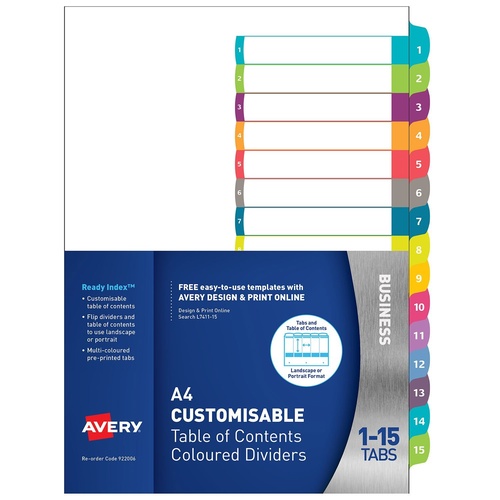 Dividers 1-15 Tab Avery 922006 L7411-15 Printable Laser Inkjet A4 Manilla Board, only sold in muliples of 10 sets