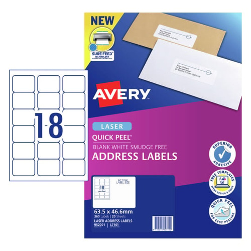 Labels 18up Laser L7161 White Avery 952001 box 20 63.5 x 46.6 mm, Laser, Permanent Quick Peel Address Labels with Sure Feed