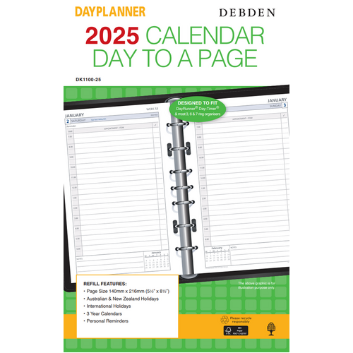 DayPlanner  DK1100 2025 DAILY DATED Refill Desk Edition Organiser 216x140mm page size #DK1100-25