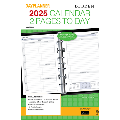 DayPlanner  DK1200 2025 refill 2 pages PER DAY ONE YEAR Desk Edition #DK1200-25