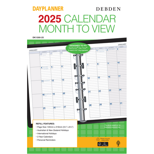 DayPlanner  DK1300 2025 MONTHLY DATED ONE YEAR Desk Edition Organiser refill #DK1300-25