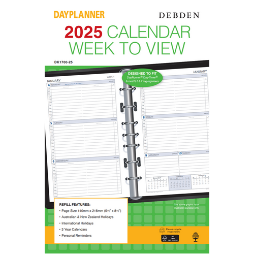 DayPlanner  DK1700 2025 WEEKLY DATED ONE YEAR Organiser Refill 7 rings pages size 216x140mm Desk Edition #86573 DK1700-24